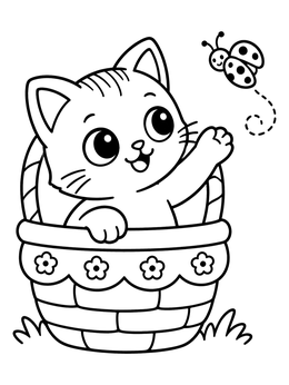 An easter cat coloring page with a cute kitten reaching for a flying ladybug from a basket.
