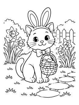 Free printable Easter Cat In Spring Garden coloring page