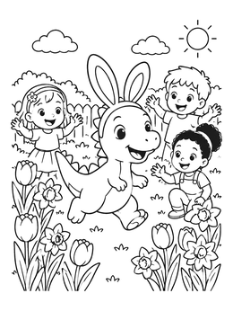 A cute dinosaur easter coloring page with bunny ears playing with children in a garden.