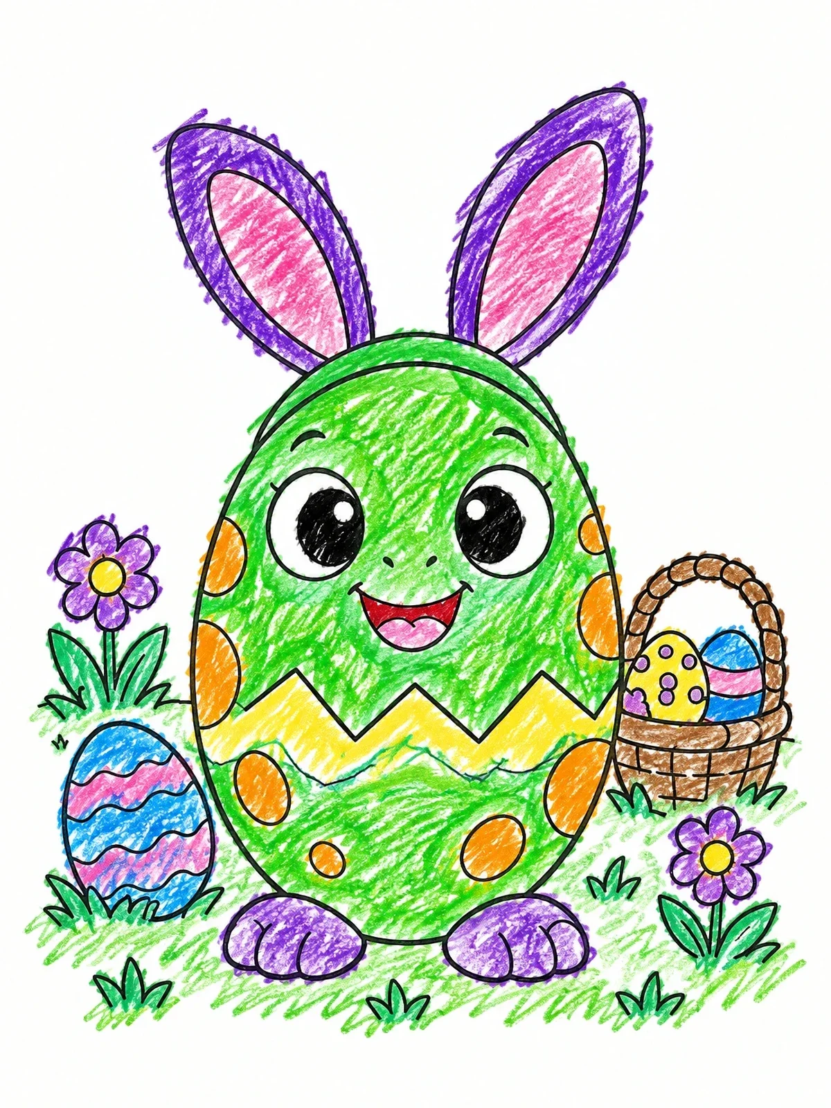 Colored example of the Cute Easter Dinosaur Egg With Bunny Ears coloring page