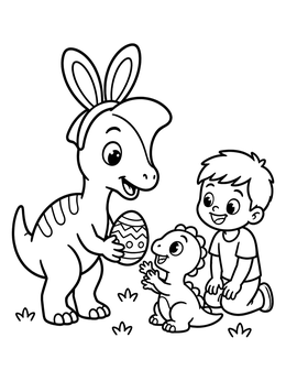 A friendly dinosaur easter coloring page with bunny ears sharing a patterned egg with a baby dinosaur and boy.