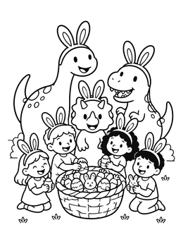 Kids and friendly dinosaurs with bunny ears gather around an easter basket in this dinosaur easter coloring page.