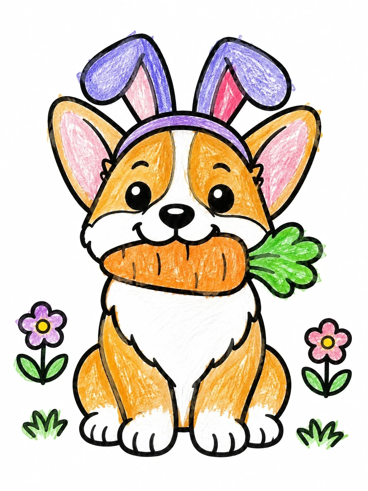 Colored example of the Cute Easter Corgi With Carrot coloring page
