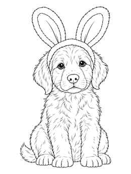 A fluffy puppy wearing cute bunny ears sits nicely in this easter dog coloring page.