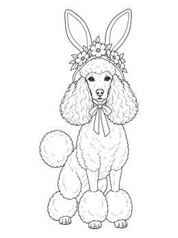 An easter dog coloring page featuring a groomed poodle wearing bunny ears and flowers.