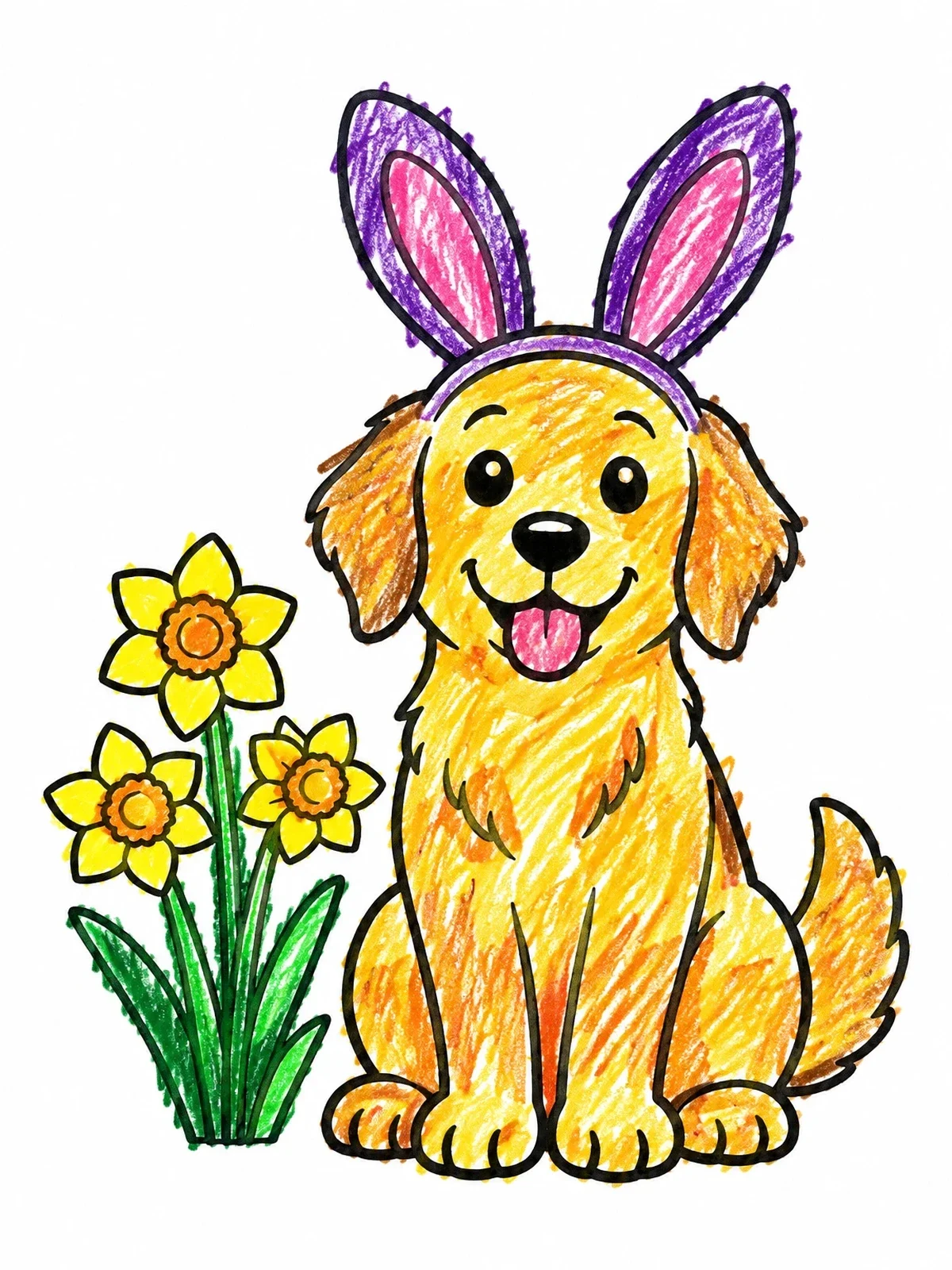 Colored example of the Puppy With Bunny Ears And Daffodils coloring page