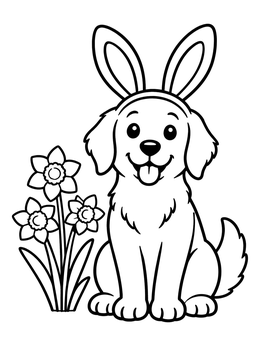 Free printable Puppy With Bunny Ears And Daffodils coloring page