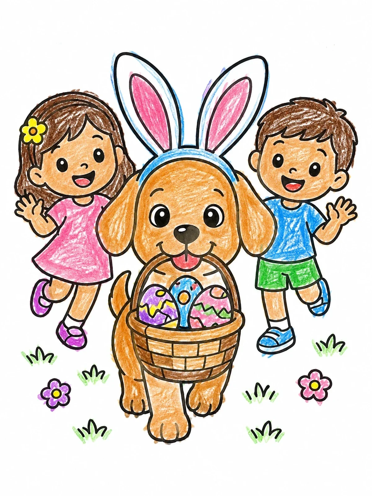 Colored example of the Easter Puppy With Cheerful Children coloring page