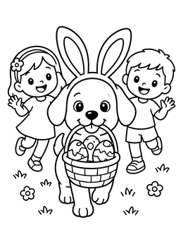 Free printable Easter Puppy With Cheerful Children coloring page