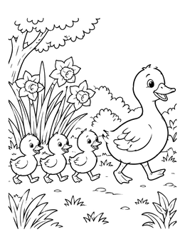 Free printable Mother Duck And Ducklings Spring Walk coloring page