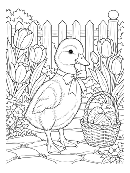 An easter duck coloring page with a cute duckling wearing a bow next to an egg basket.