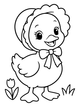 An adorable easter duck coloring page featuring a baby duckling wearing a frilly bonnet.