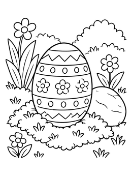 A patterned easter egg coloring page set on moss beside a garden stone and flowers.