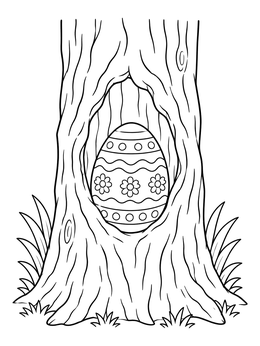 An easter egg coloring page featuring a decorated egg hidden in a hollow tree trunk.
