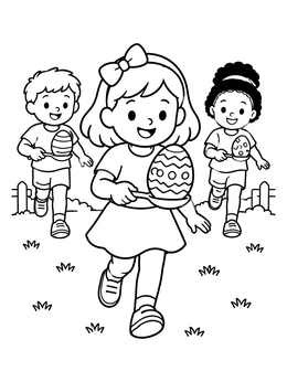 Kids balancing eggs on spoons in an easter egg coloring page outdoors.
