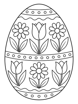 Decorated floral easter egg coloring page with daisies, tulips, and geometric bands.