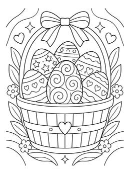 An easter eggs coloring page showing a decorated basket filled with patterned eggs.