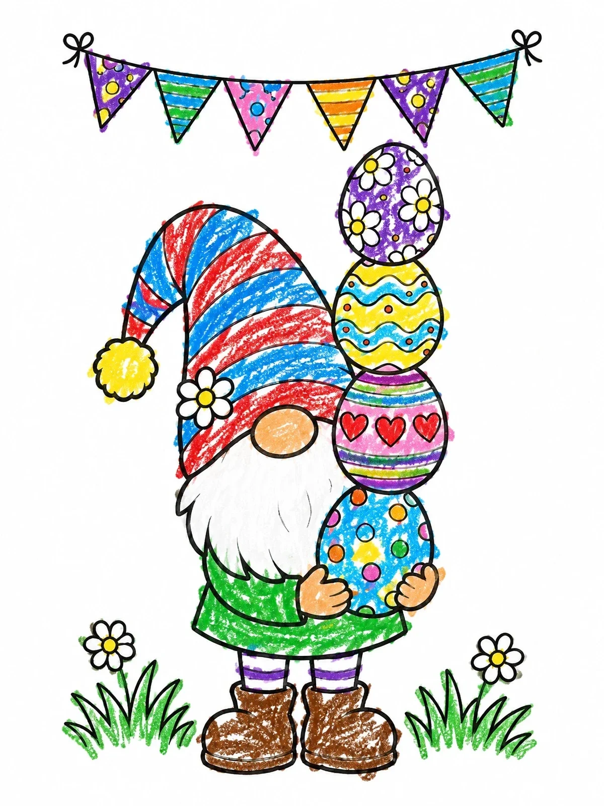 Colored example of the Easter Gnome Balancing Patterned Eggs coloring page