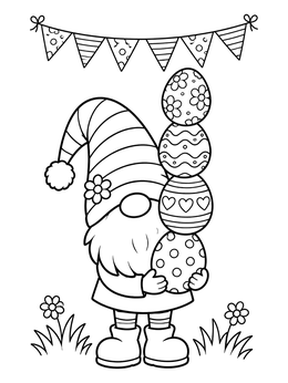 Free printable Easter Gnome Balancing Patterned Eggs coloring page