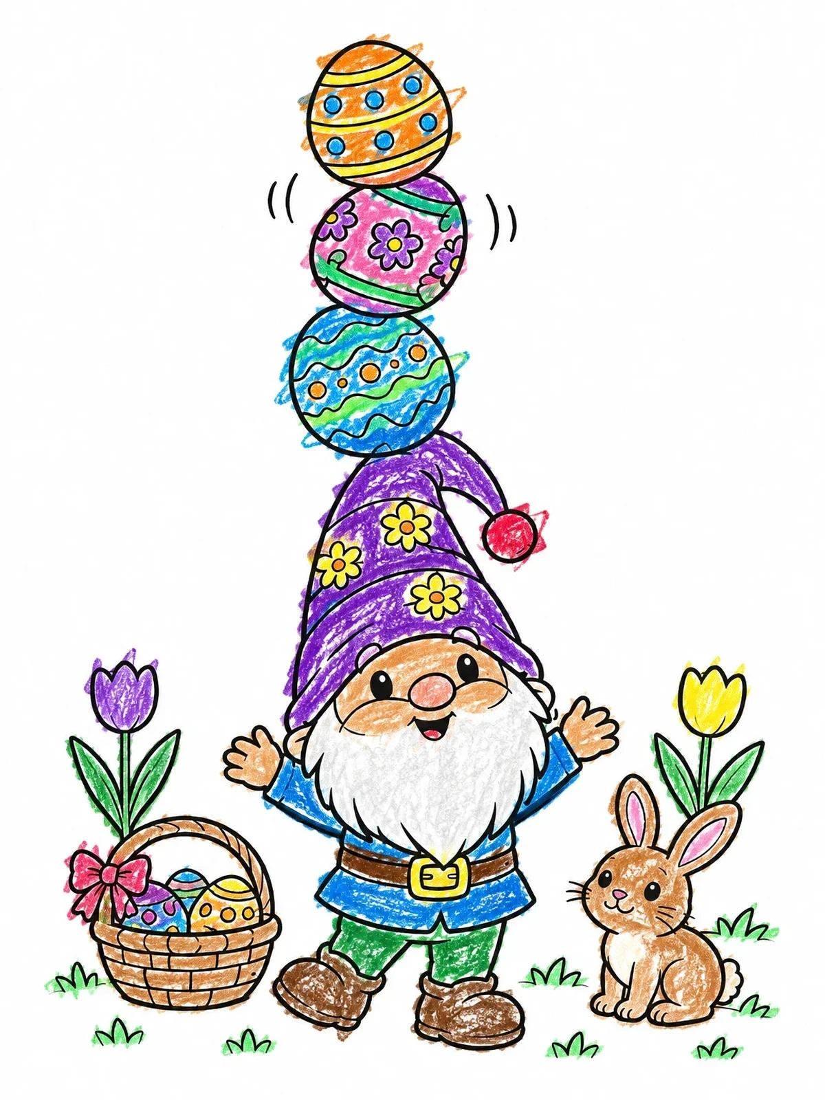 Colored example of the Easter Gnome Balancing Patterned Eggs coloring page