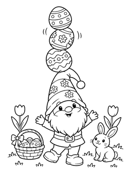 Free printable Easter Gnome Balancing Patterned Eggs coloring page