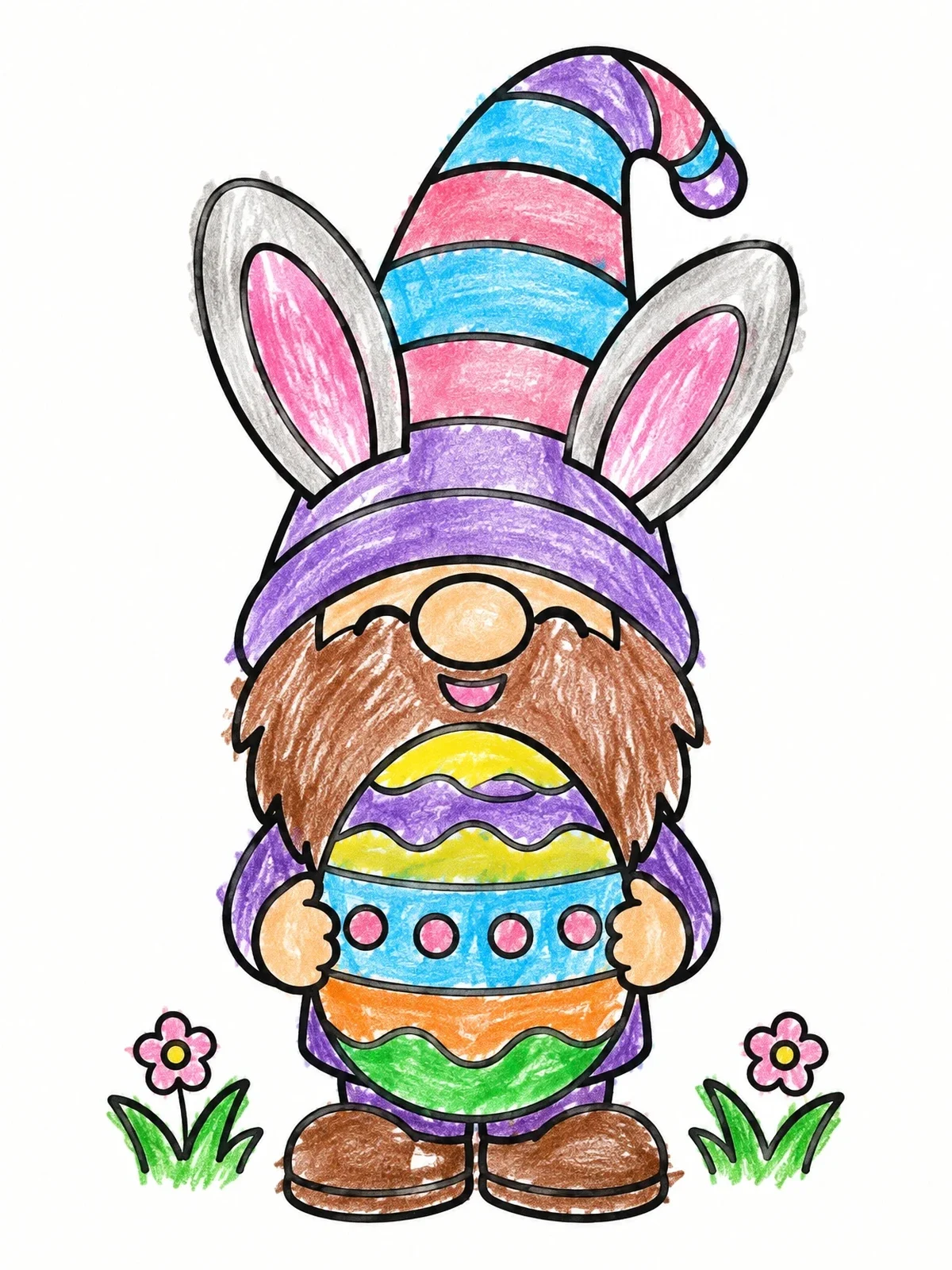 Colored example of the Cheerful Easter Gnome With Bunny Ears coloring page
