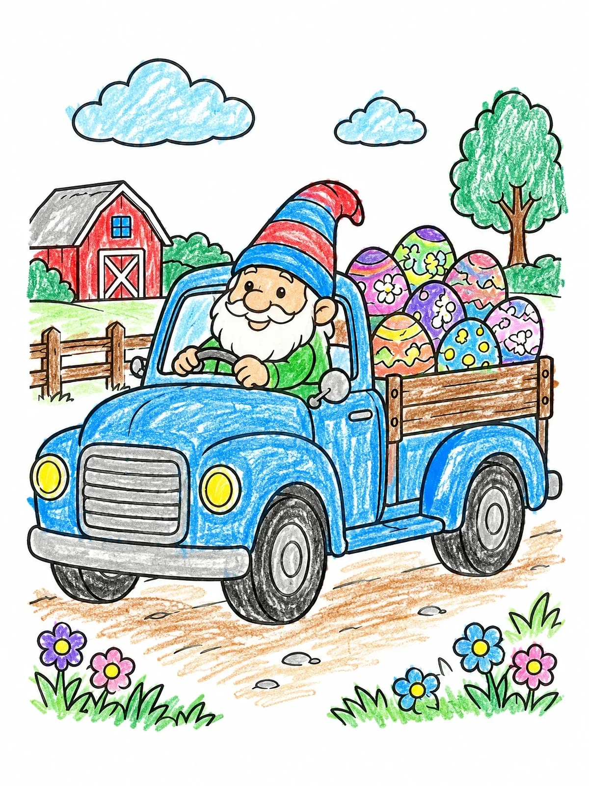Colored example of the Easter Gnome Driving Pickup Truck coloring page