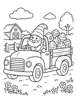 Free printable Easter Gnome Driving Pickup Truck coloring page