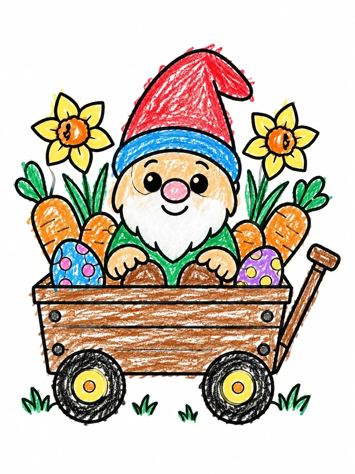 Colored example of the Easter Gnome In Garden Wagon coloring page