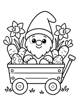 Free printable Easter Gnome In Garden Wagon coloring page