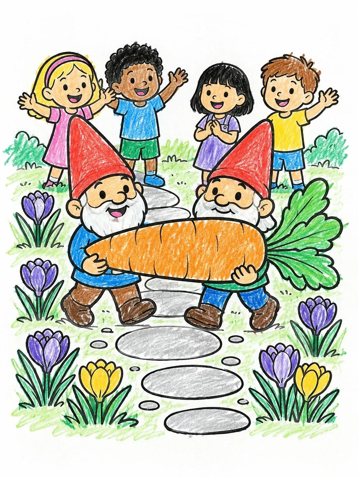 Colored example of the Cheerful Gnomes Carrying A Giant Carrot coloring page