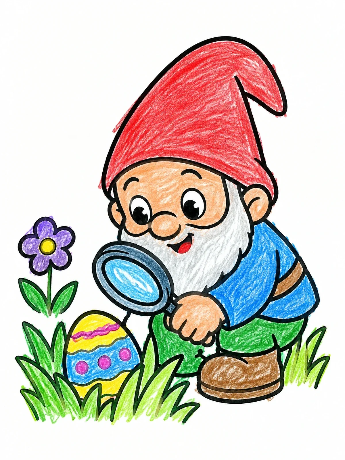 Colored example of the Easter Gnome With Magnifying Glass coloring page