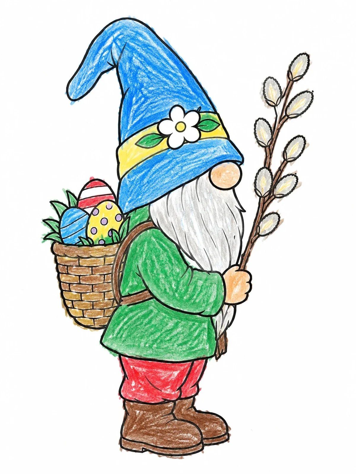 Colored example of the Easter Gnome With Willow Branch coloring page