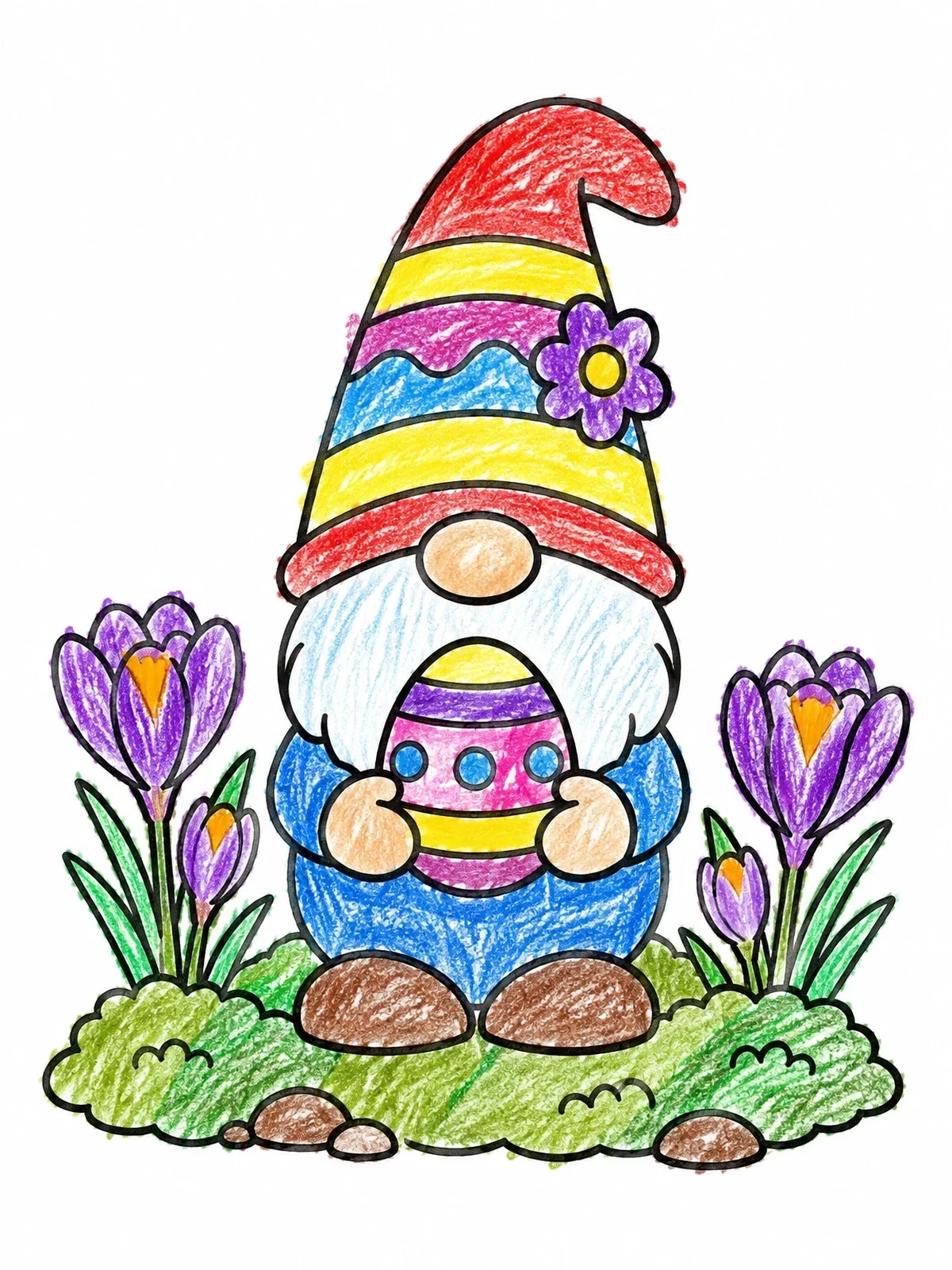 Colored example of the Easter Gnome With Spring Crocuses coloring page