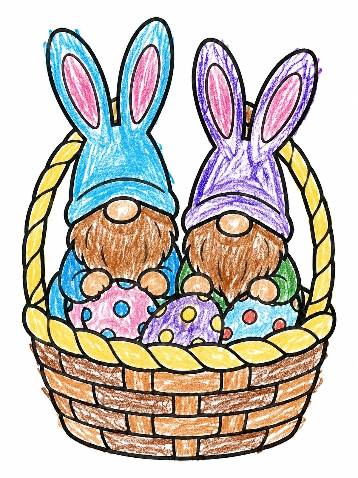 Colored example of the Easter Gnomes In A Basket coloring page