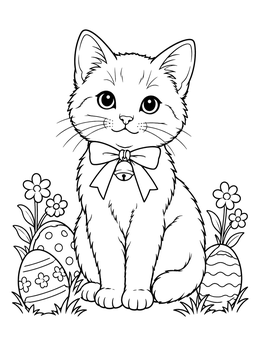 An adorable easter cat coloring page featuring a kitten with a bell collar and patterned eggs.