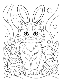 A sweet easter cat coloring page featuring a kitten with bunny ears and decorated eggs.