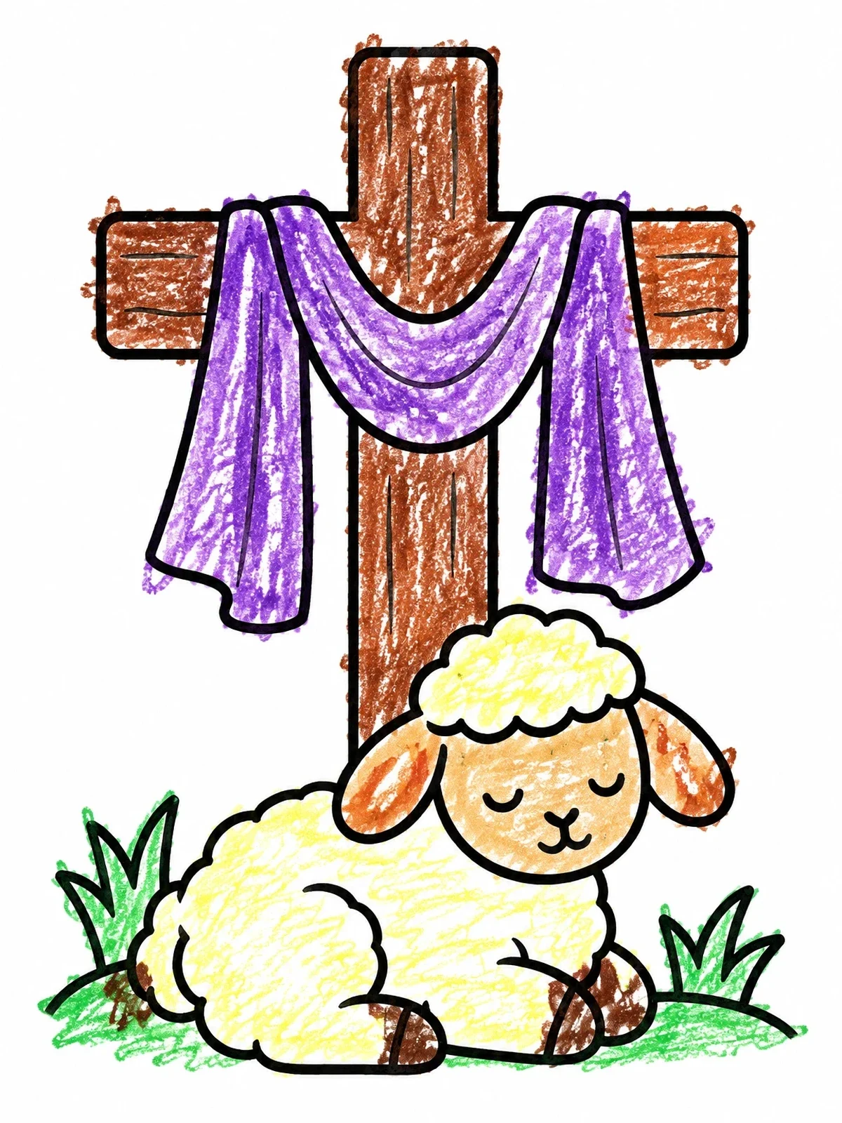 Colored example of the Easter Lamb Resting By The Cross coloring page