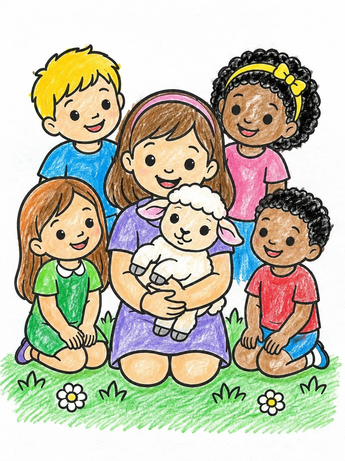 Colored example of the Children Smiling With A Cute Lamb coloring page