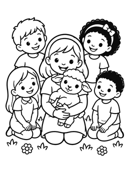 Free printable Children Smiling With A Cute Lamb coloring page