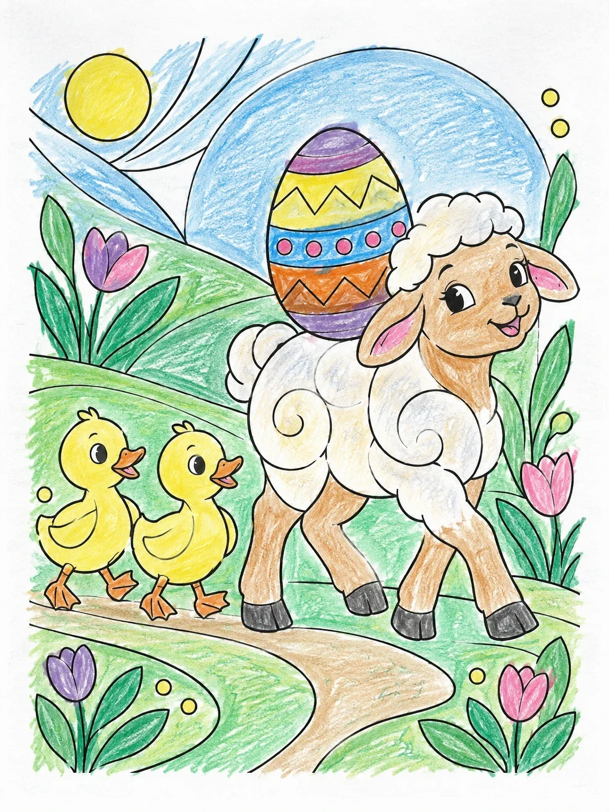 Colored example of the Easter Lamb With Egg And Ducklings coloring page