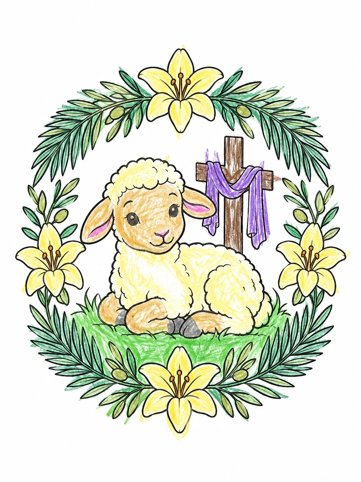 Colored example of the Easter Lamb In Floral Wreath coloring page