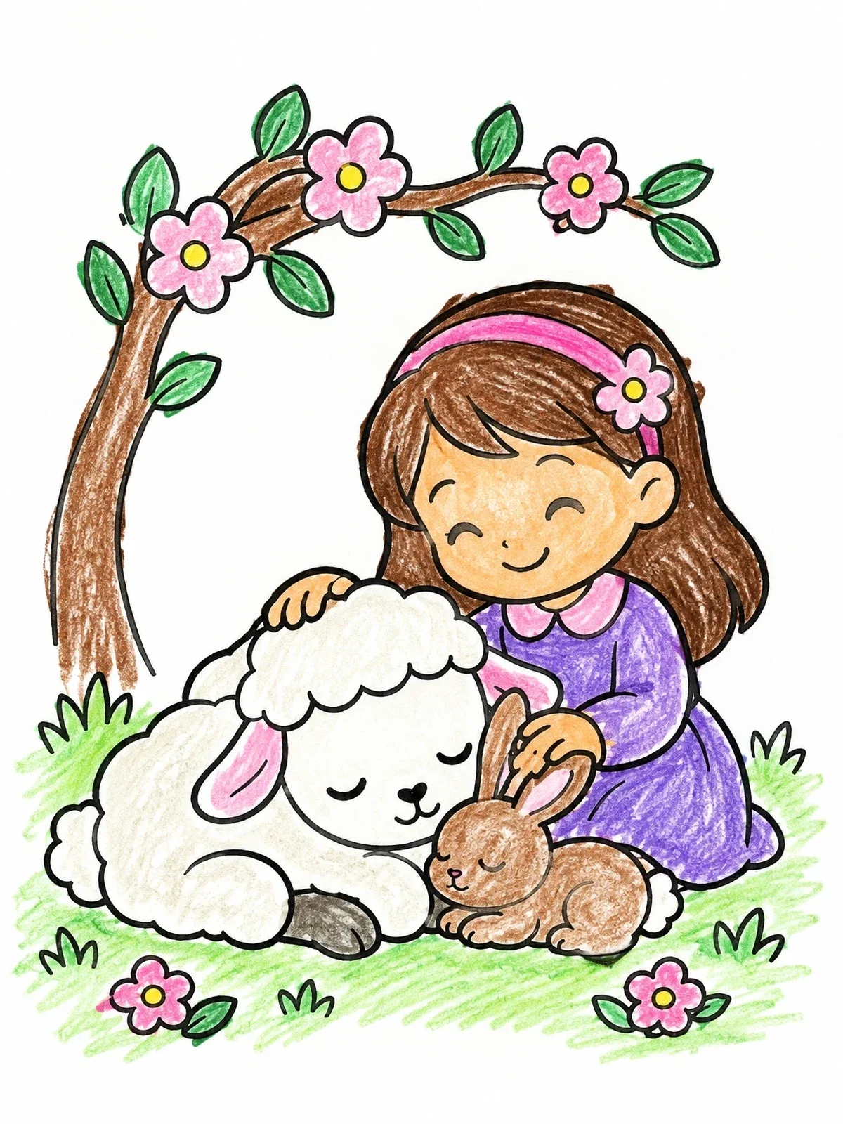 Colored example of the Girl Cuddling Lamb And Bunny coloring page