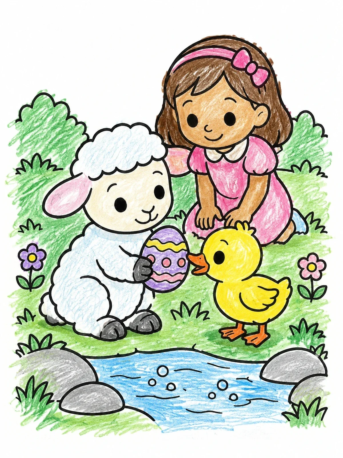 Colored example of the Easter Lamb With Girl And Duckling coloring page
