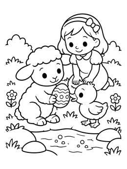 Free printable Easter Lamb With Girl And Duckling coloring page