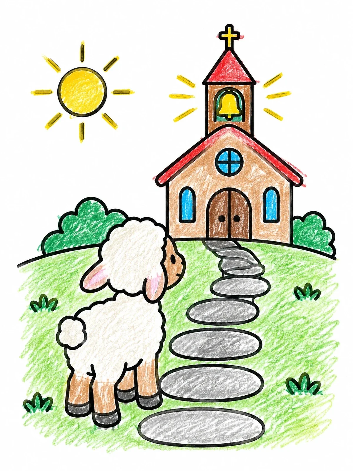 Colored example of the Little Lamb By Country Church coloring page