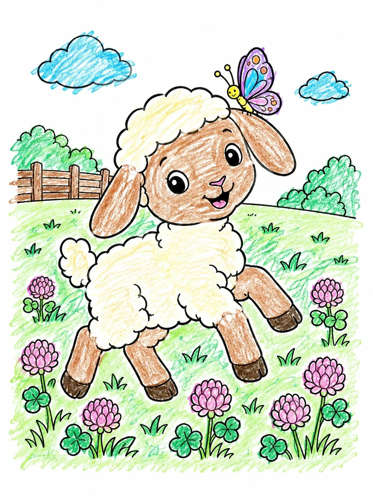 Colored example of the Playful Lamb With Butterfly In Clover Field coloring page