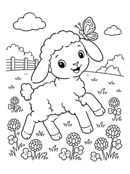 Free printable Playful Lamb With Butterfly In Clover Field coloring page