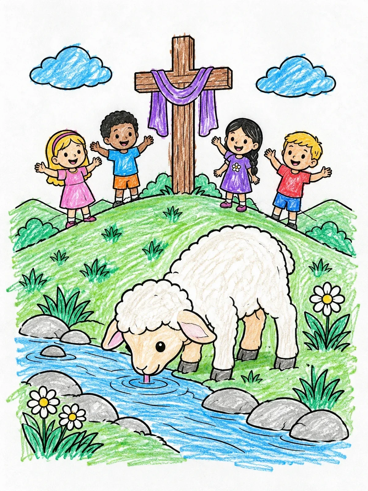 Colored example of the Easter Lamb By The Stream coloring page