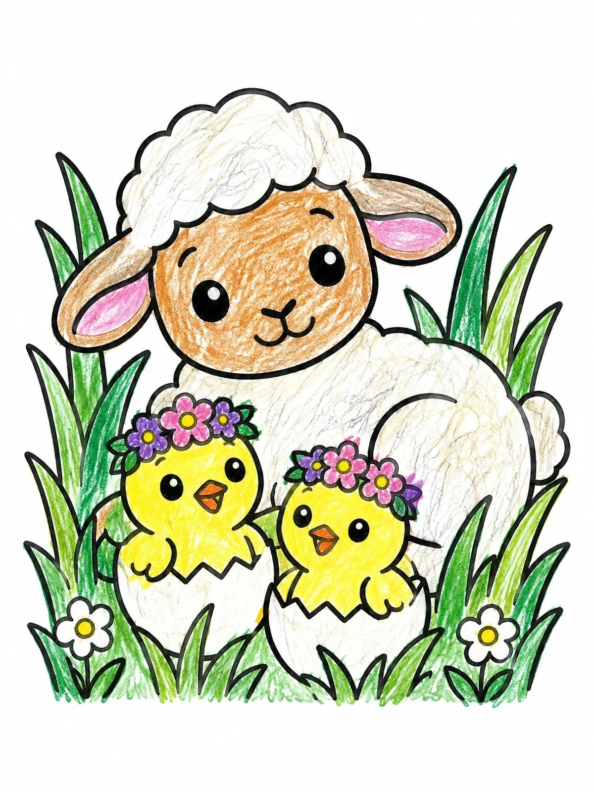 Colored example of the Easter Lamb With Hatched Chicks coloring page